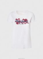 Women White Pepe Jeans Logo Print Lycra T-Shirt 60J40385 - Image 5