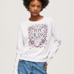 Women White Pepe Jeans Long Sleeve T-Shirt With Maxi Logo 60J40389