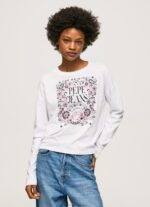 Women White Pepe Jeans Long Sleeve T-Shirt With Maxi Logo 60J40389