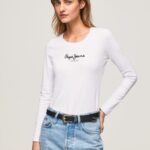 Women White Pepe Jeans Long-Sleeved Cotton T-Shirt 60J40469
