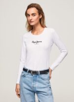 Women White Pepe Jeans Long-Sleeved Cotton T-Shirt 60J40469