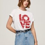 Women White Pepe Jeans Love Logo Print T-Shirt 60J40396