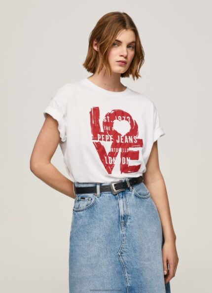 Women White Pepe Jeans Love Logo Print T-Shirt 60J40396