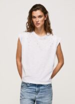 Women White Pepe Jeans Marbled Armhole-Sleeved T-Shirt 60J40409 - Image 3