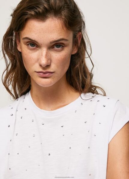 Women White Pepe Jeans Marbled Armhole-Sleeved T-Shirt 60J40409