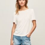 Women White Pepe Jeans Marbled Boat Collar T-Shirt 60J40452