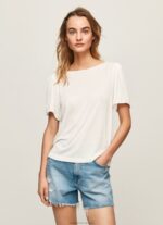 Women White Pepe Jeans Marbled Boat Collar T-Shirt 60J40452