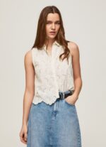 Women White Pepe Jeans Openwork Armhole Sleeve Shirt 60J40337 - Image 3
