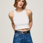 Women White Pepe Jeans Ribbed Armhole Sleeved T-Shirt 60J40423