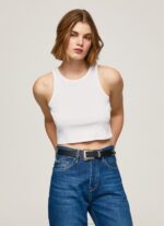 Women White Pepe Jeans Ribbed Armhole Sleeved T-Shirt 60J40423