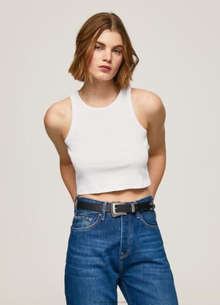 Women White Pepe Jeans Ribbed Armhole Sleeved T-Shirt 60J40423