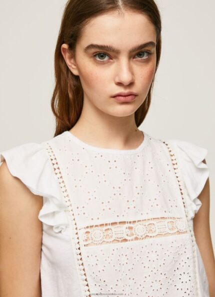 Women White Pepe Jeans Shirt With Openwork Details 60J40437