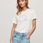 Women White Pepe Jeans Strass Print Logo T-Shirt 60J40451