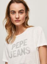 Women White Pepe Jeans Strass Print Logo T-Shirt 60J40451 - Image 3