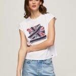 Women White Pepe Jeans Union Jack Printed T-Shirt 60J40415