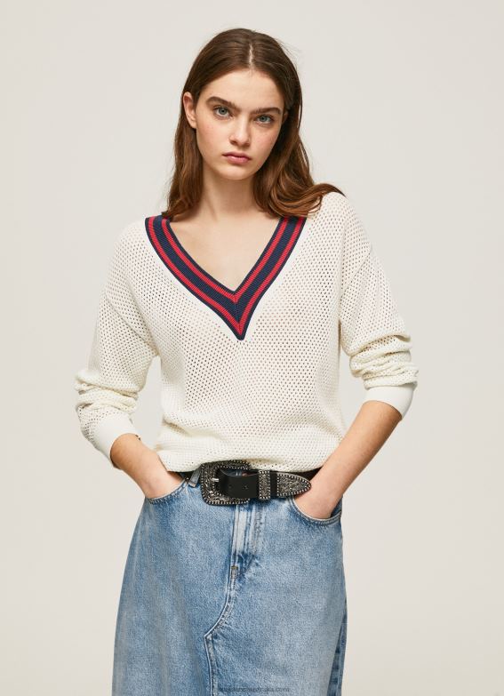 women_white_pepe_jeans_v_neck_crepe_jersey_60j40228.jpg Women White Pepe Jeans V-Neck Crepe Jersey 60J40228 - Image 1