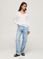 Women White Pepe Jeans V Neckline Relaxed Fit Jersey 60J40240 - Image 2